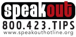 A logo for the speak out radio station.